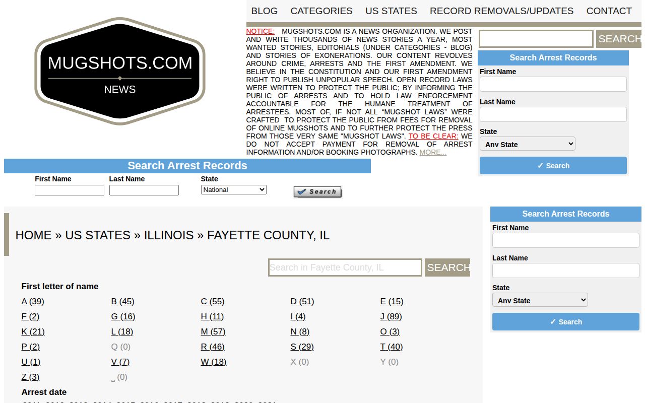 Mugshots.com Fayette County unofficial landing with date navigation