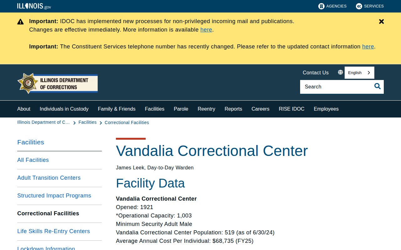 Official Vandalia Correctional Center state facility page separate from Fayette County Jail