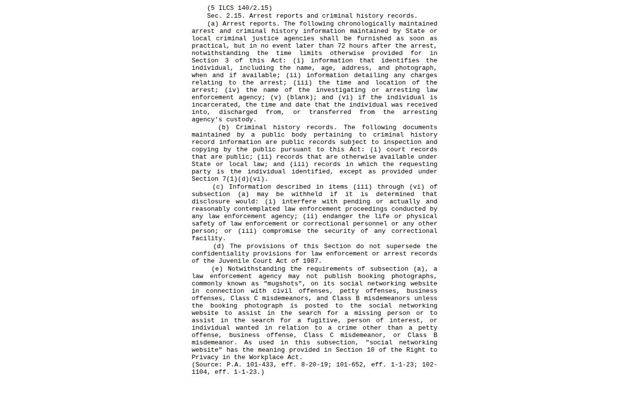 Illinois arrest-report statute page covering Fayette County record fields