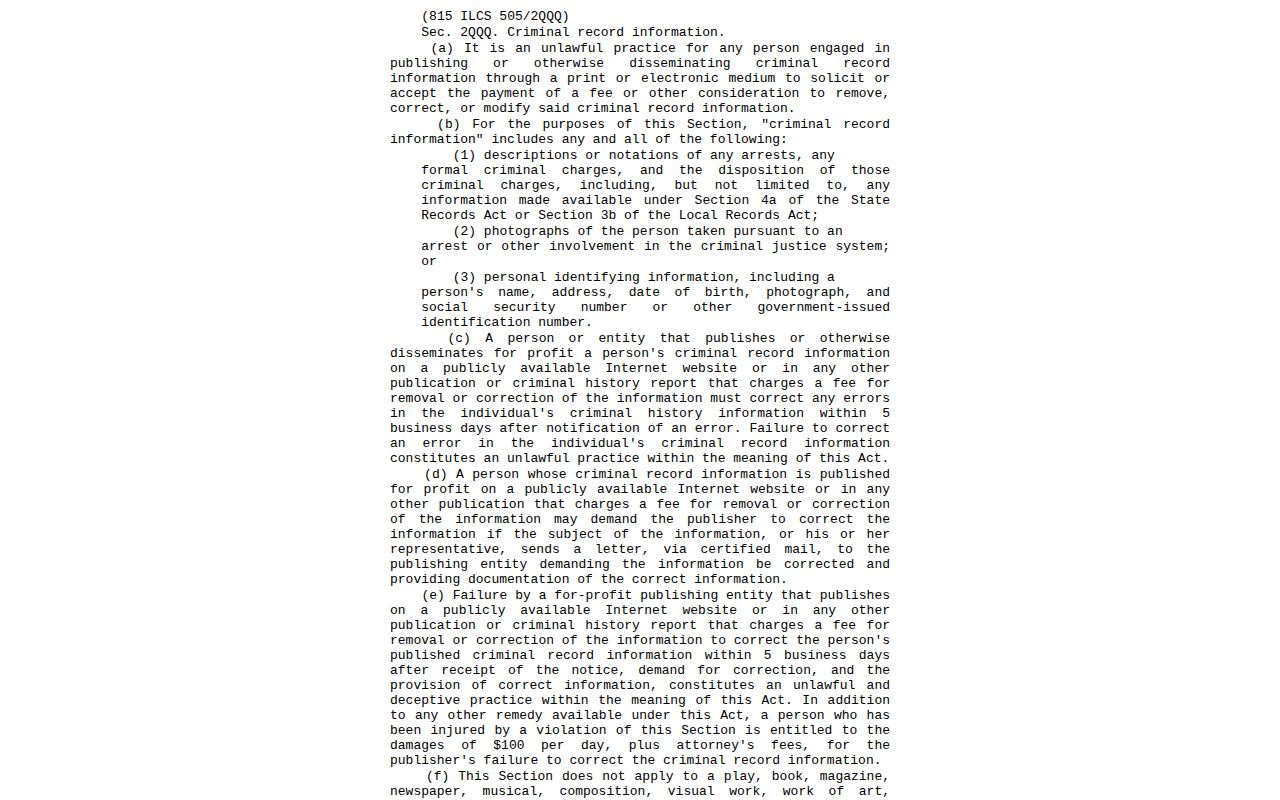 Illinois anti-pay-to-remove statute page for arrest-record corrections