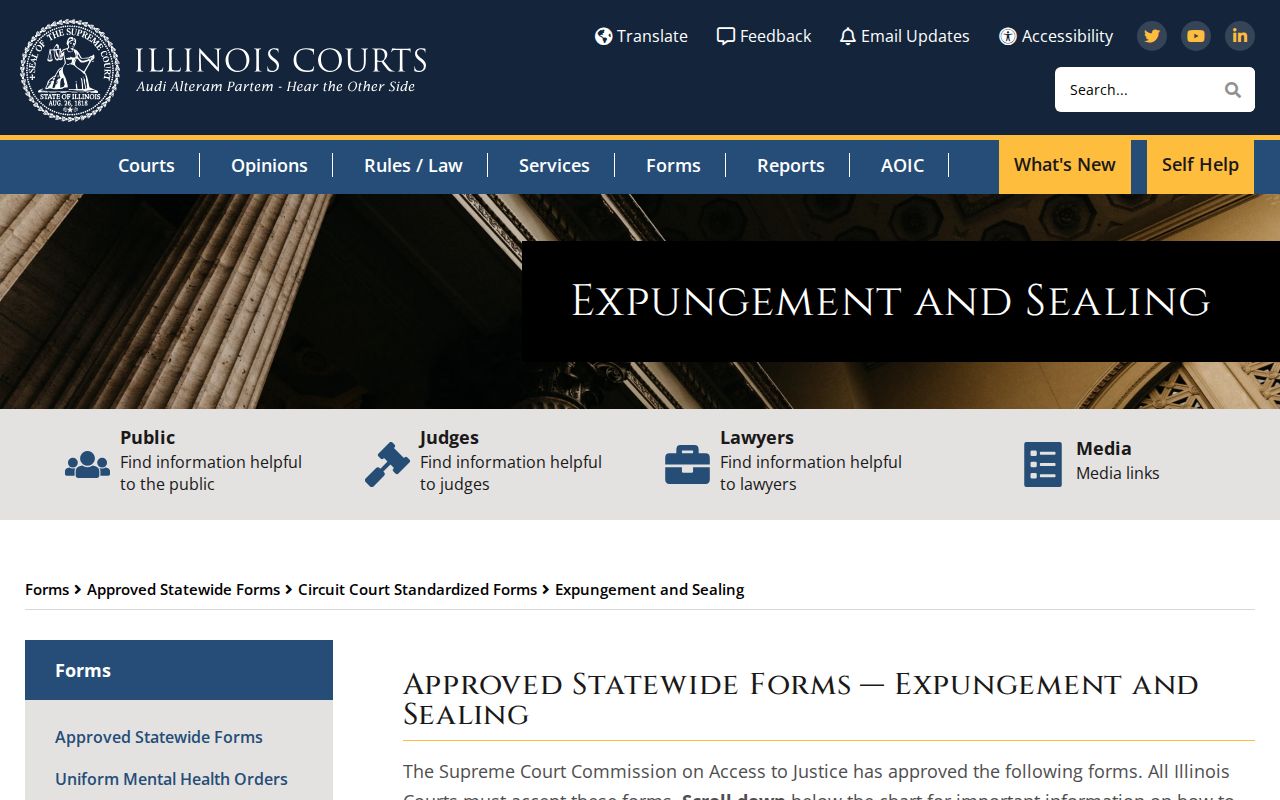 Illinois Courts expungement and sealing forms page for Fayette County cases