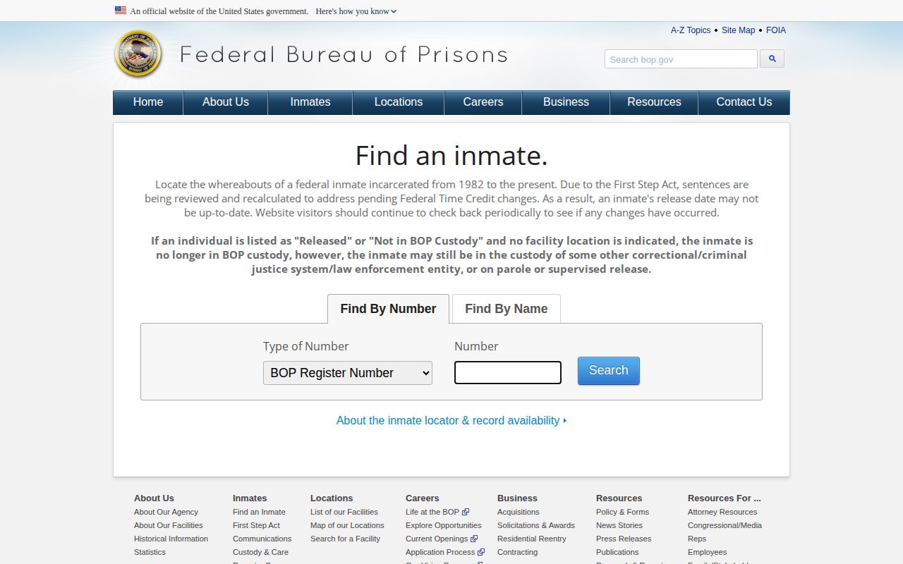Bureau of Prisons federal inmate locator interface for separate federal custody