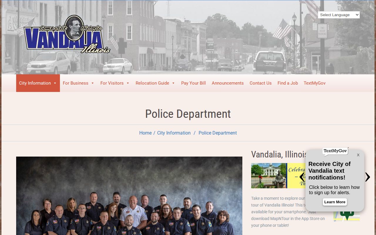 Vandalia Police Department page showing Fayette County Crime Watchers tip contact
